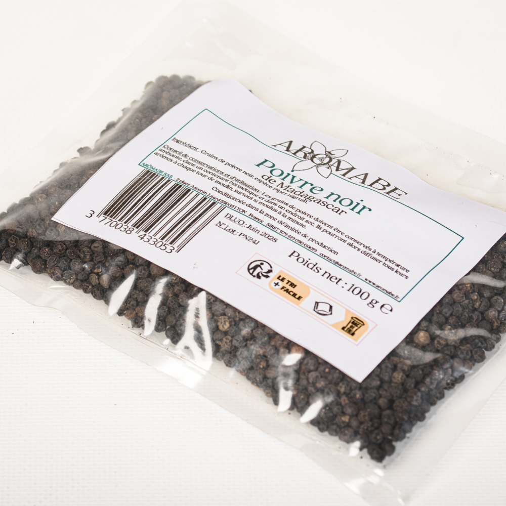 Sachet de Poivre Noir de Madagascar d'Aromabe vue de côté