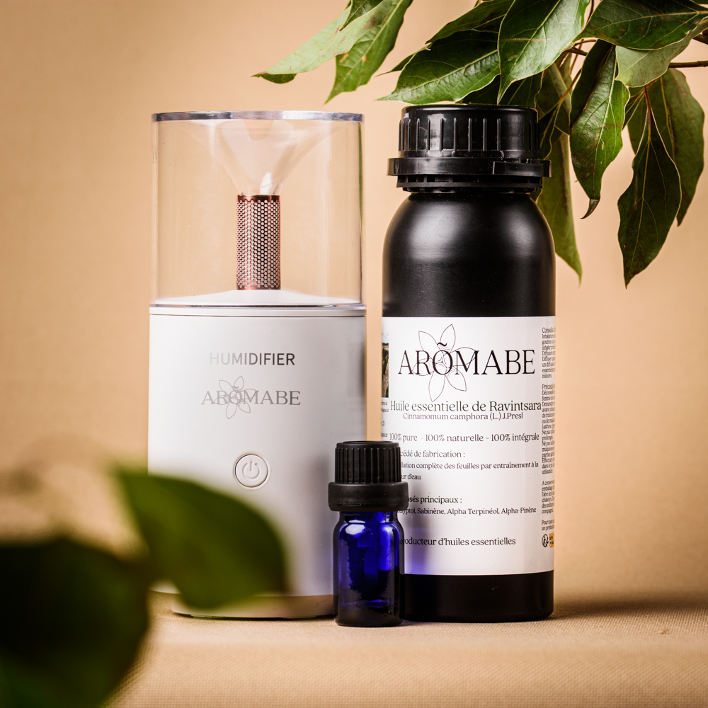 Coffret Diffuseur Huile Essentielle Ravintsara d'Aromabe avec feuilles