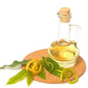 Flacon d'huile essentielle d'ylang ylang posé à côté de feuilles pour illustrer ses bienfaits sur le sommeil.