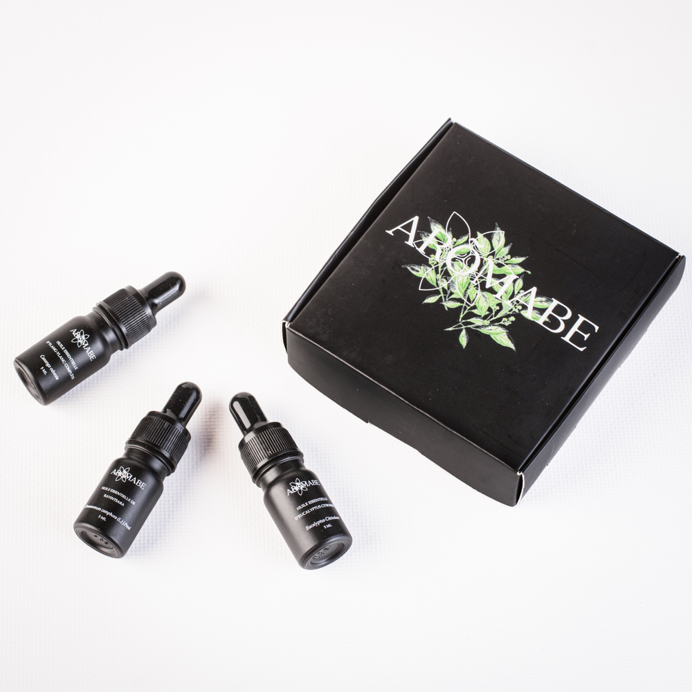 Coffret découverte huile essentielle d'Aromabe avec ses 3 fioles de 5mL