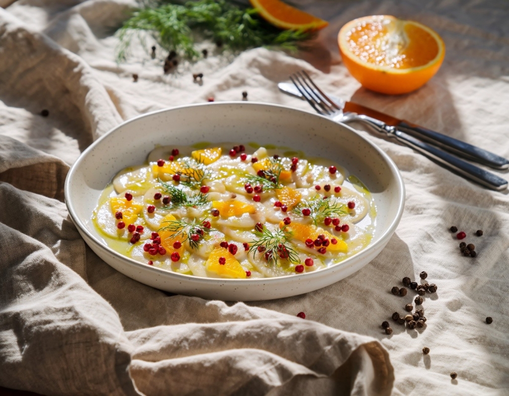 Carpaccio de Saint-Jacques aux baies roses de Madagascar