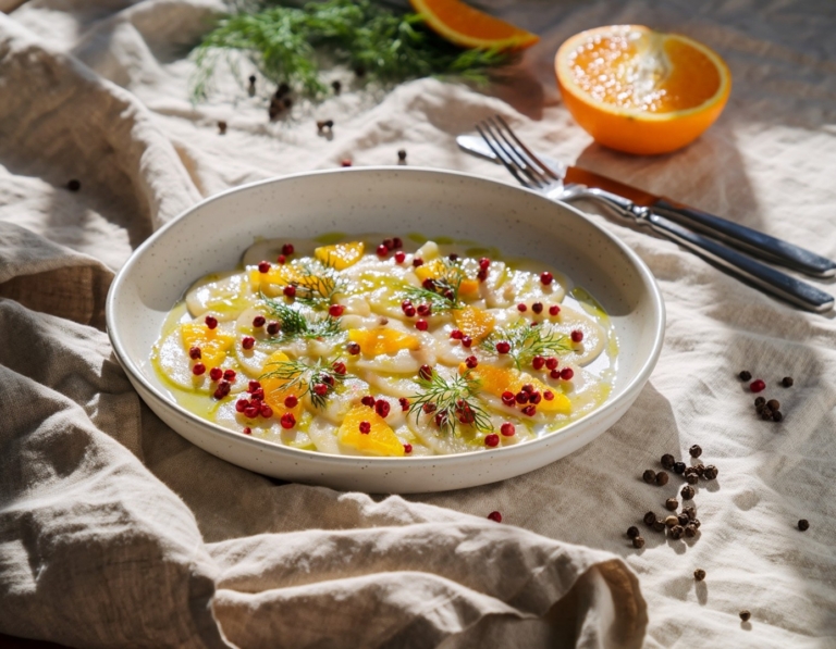 Carpaccio de saint-jacques aux baies roses de Madagascar