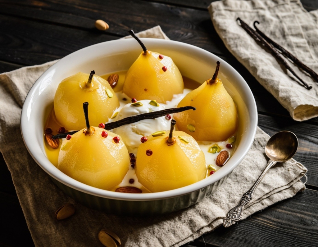 Poires pochées vanille bourbon noire gourmet & baies roses de Madagascar